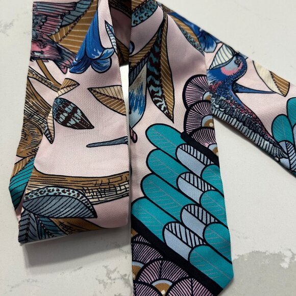 Hermes Silk Tree Of Song Twilly Rose Pale Turquoise with Box - Picture 13 of 15